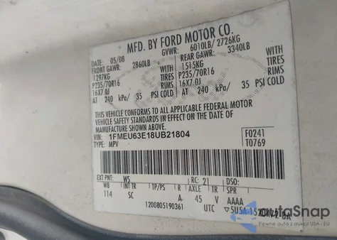 2008 Ford Explorer Xlt z USA, uszkodzony, nr VIN 1FMEU63E18UB21804